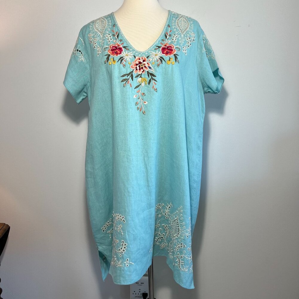 Johnny Was Linen Teal Dress with Floral Embroidery Size Large